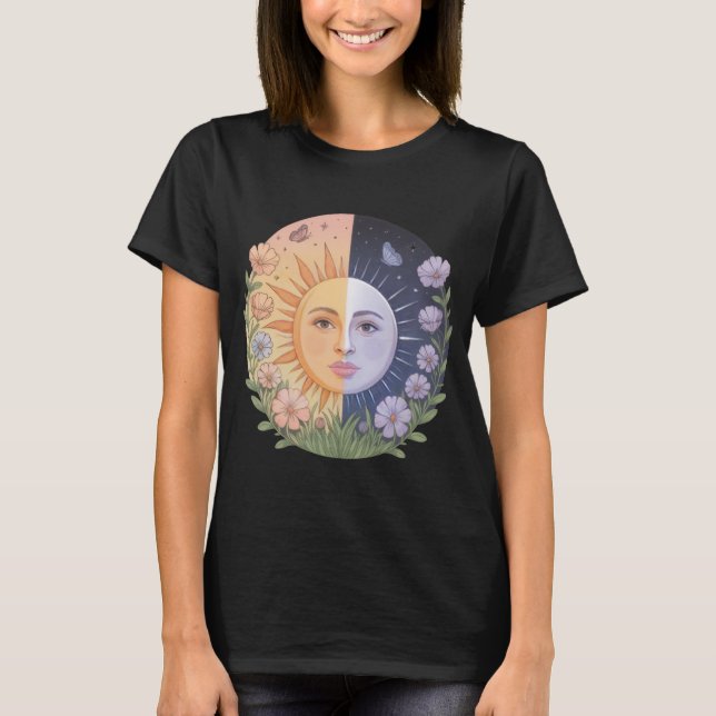 Spring Equinox Harmony – Sun & Moon Balance Nature T-Shirt (Front)