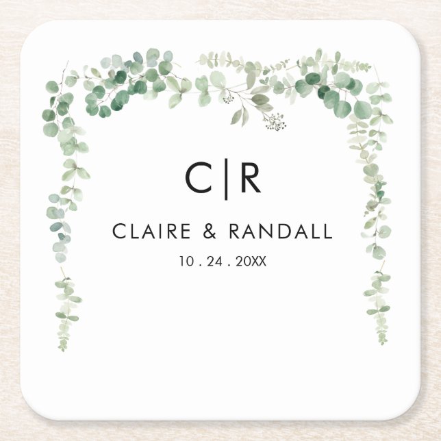 Spring Eucalyptus Greenery Wedding Square Paper Coaster (Front)