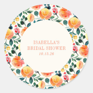 Spring Fall Orange Watercolor Flower Bridal Shower Classic Round Sticker