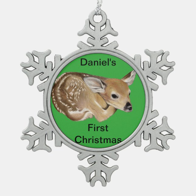 Spring Fawn Snowflake Pewter Christmas Ornament (Front)