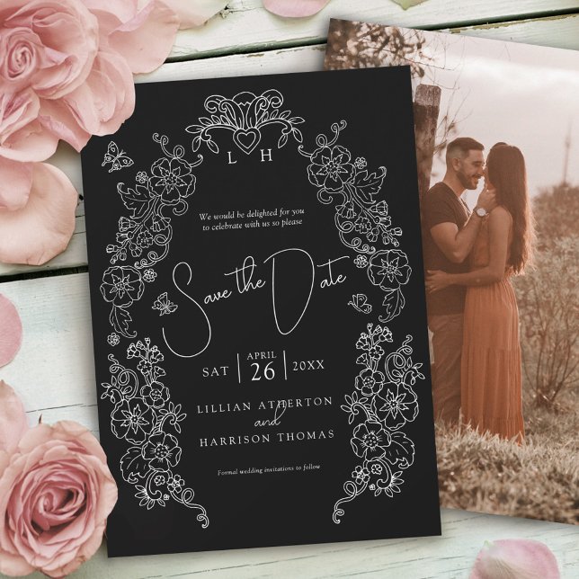 Spring Fleur de lis art black white photo wedding  Save The Date (Creator Uploaded)