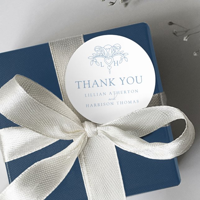 Spring fleur de lis elegant wedding thank you blue classic round sticker (Creator Uploaded)