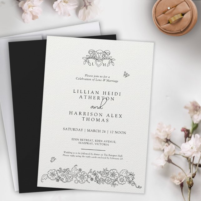 Spring Fleur de lis wedding black white art Invitation (Creator Uploaded)