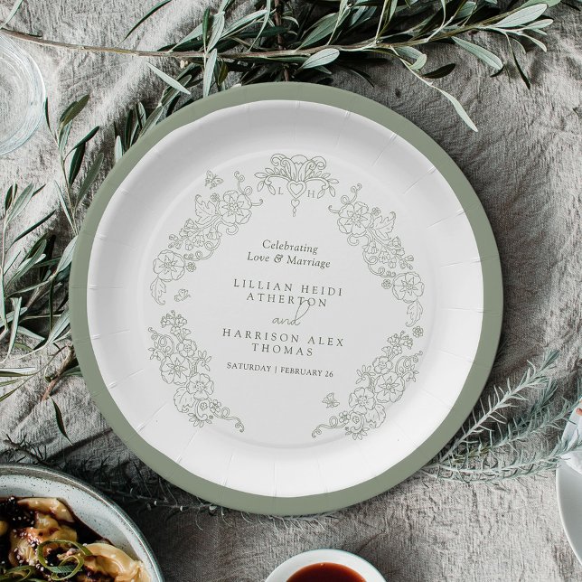 Spring Fleur de lis wedding sage green white Paper Plate (Creator Uploaded)