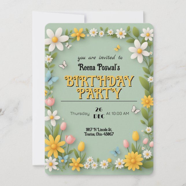 Spring Floral and Butterfly Over Green Invitation (Front)