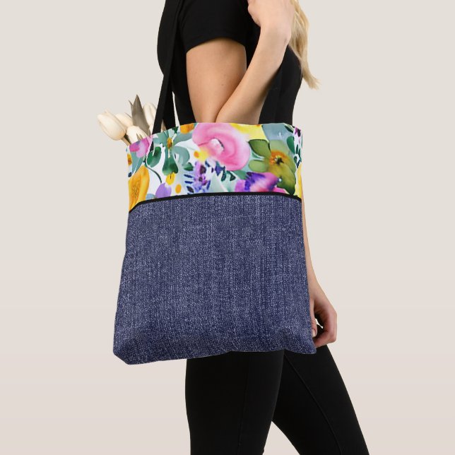 Spring floral and denim tote bag (Close Up)