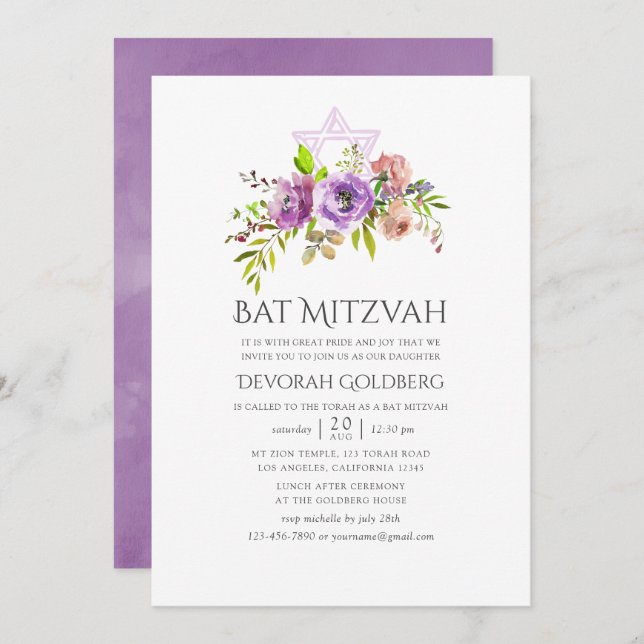 Spring Floral Bat Mitzvah Invitation (Front/Back)