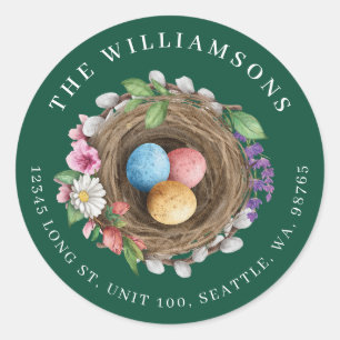Spring Floral Bird Nest & Painted Eggs Green Classic Round Sticker