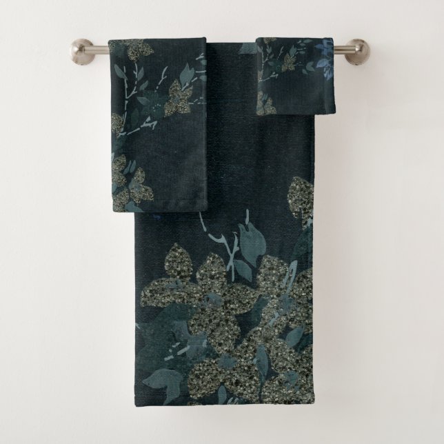 SPRING FLORAL BLACK BLUE GREEN BATHROOM TOWEL SET (Insitu)