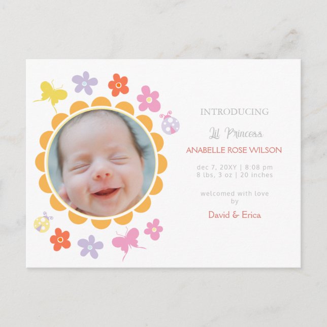 Spring Floral Blooms Girl Photo Birth Announcement (Front)