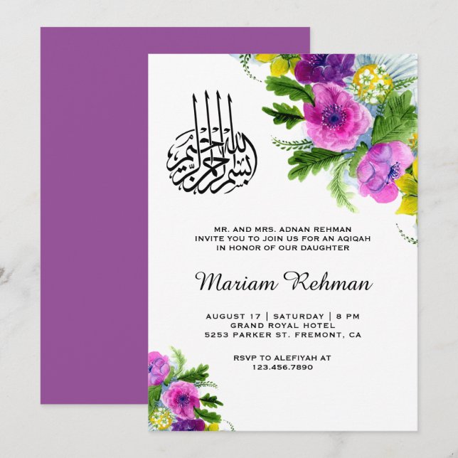 Spring Floral Blossom Baby Girl Aqiqah Invitation (Front/Back)