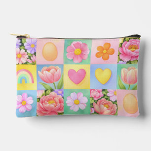 Spring Floral Blossoms Heart Checkerboard Pattern Accessory Pouch