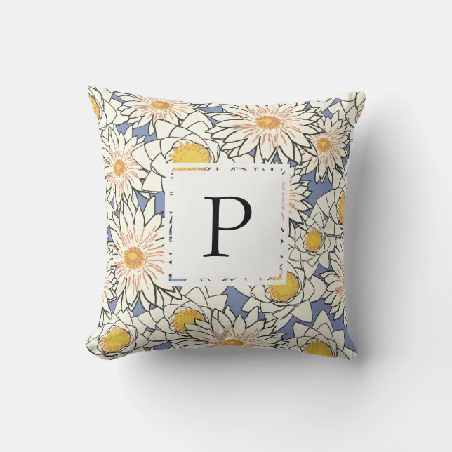  Spring Floral Blue Yellow Monogram  Cushion (Front)