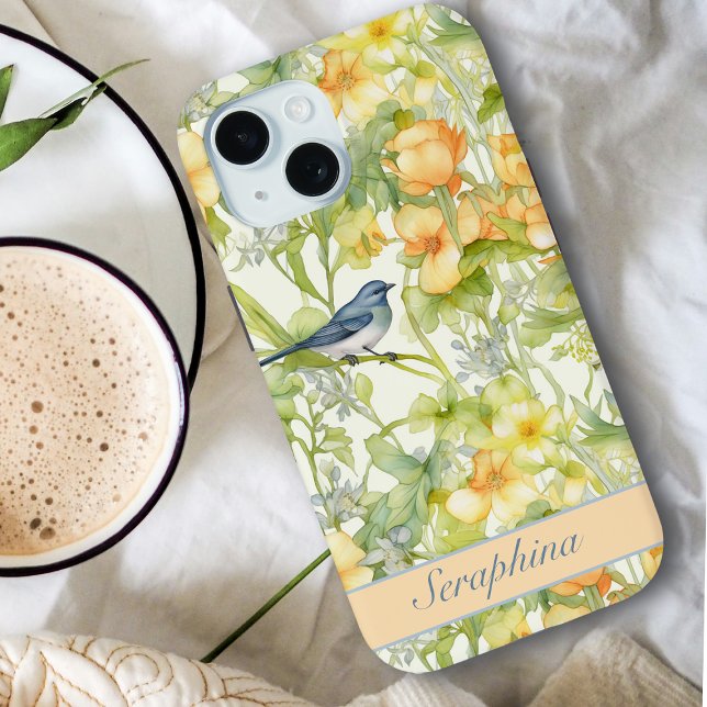 Spring Floral & Bluebird Pastel Yellow Custom Name Case-Mate iPhone Case (Creator Uploaded)