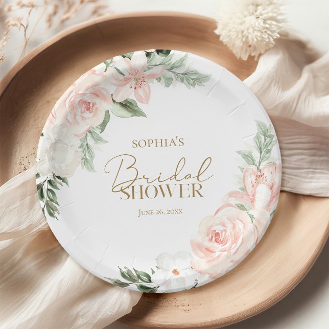 Spring Floral Blush Pink Sage Green Bridal Shower Paper Plate (Creator Uploaded)