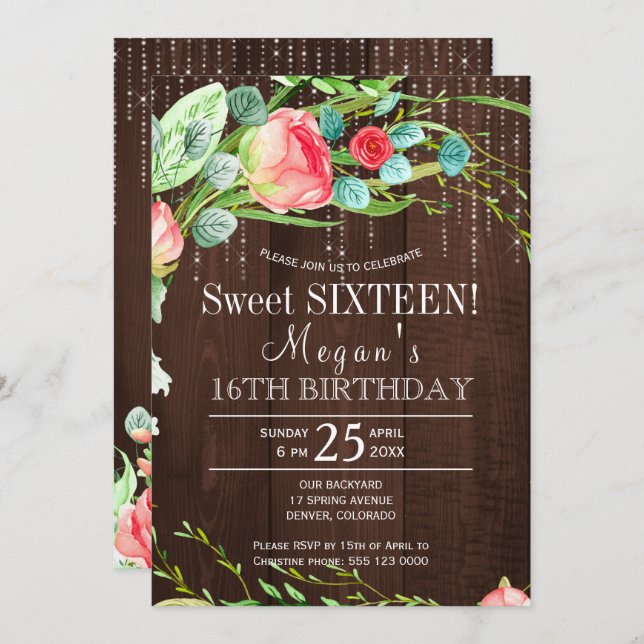 Spring floral blush roses barn wood sweet sixteen invitation (Front/Back)