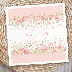 Spring Floral Border Pink Peach Family Name Napkin