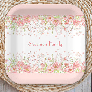 Spring Floral Border Pink Peach Family Name Paper Plate