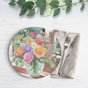 Spring Floral Bouquet   Flower Vase Watercolor Paper Plate