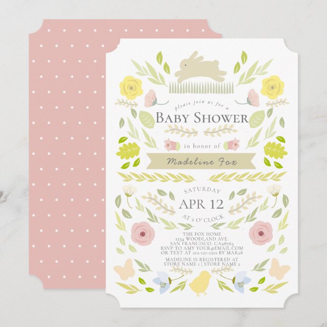 Spring Floral Bunny Foliage Pink Girl Baby Shower Invitation (Front/Back)
