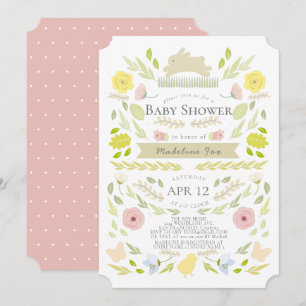 Spring Floral Bunny Foliage Pink Girl Baby Shower Invitation