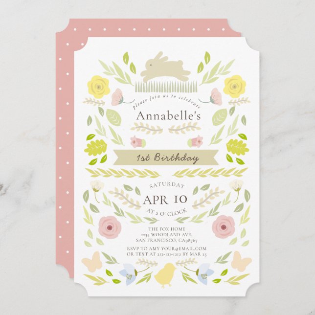 Spring Floral Bunny Pink Girl 1st Birthday Invitation (Front/Back)