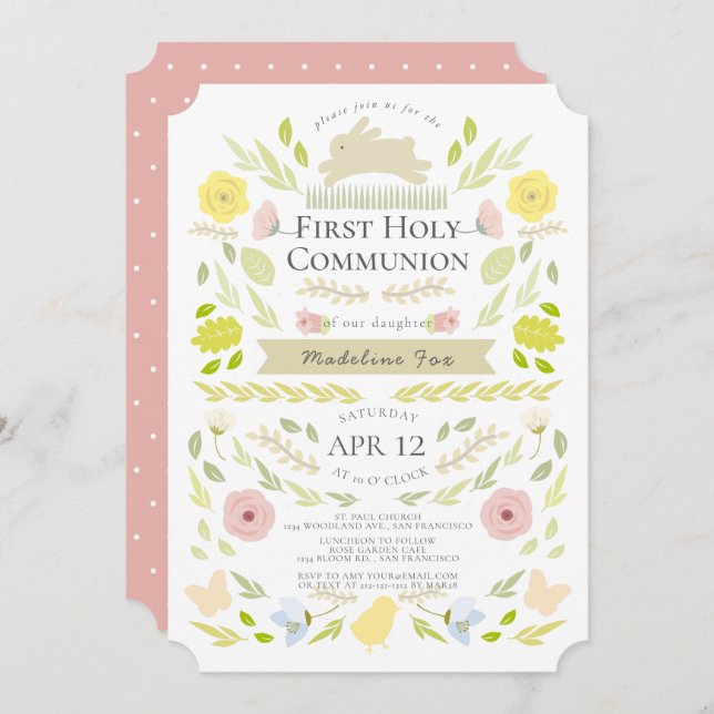 Spring Floral Bunny Pink Girl First Holy Communion Invitation (Front/Back)