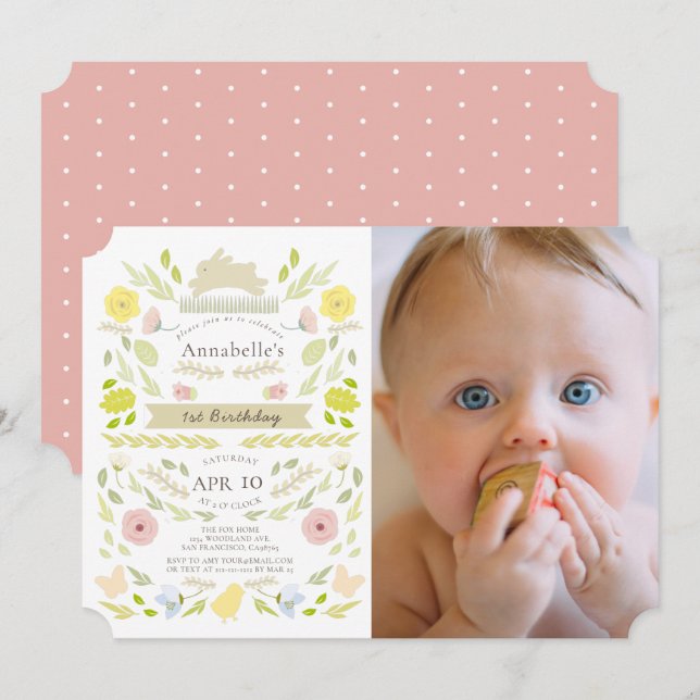 Spring Floral Bunny Pink Girl Photo 1st Birthday Invitation (Front/Back)