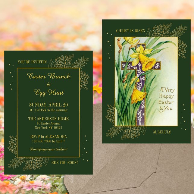 Spring Floral Christian Easter Brunch Egg Hunt Invitation (Spring Floral Cross Religious Christian Catholic Resurrection Easter Brunch Egg Hunt Invitation)