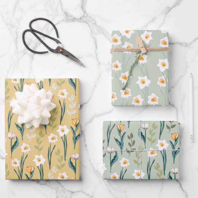 Spring Floral Daffodil and Tulip Pattern Wrapping Paper Sheet (Front)