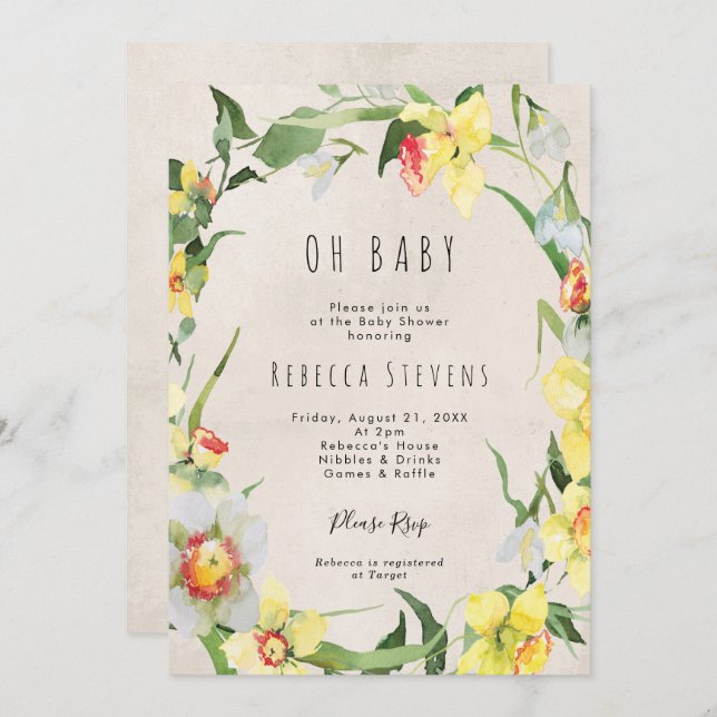 spring floral daffodil baby shower invitation (Front/Back)