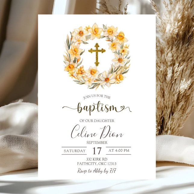 Spring Floral Daffodil Wreath Baptism Invitation (Creator Uploaded)