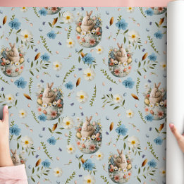 Spring Floral Easter Bunny Celebration Blue Wrapping Paper