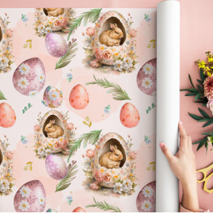 Spring Floral Easter Bunny Celebration Pink Wrapping Paper