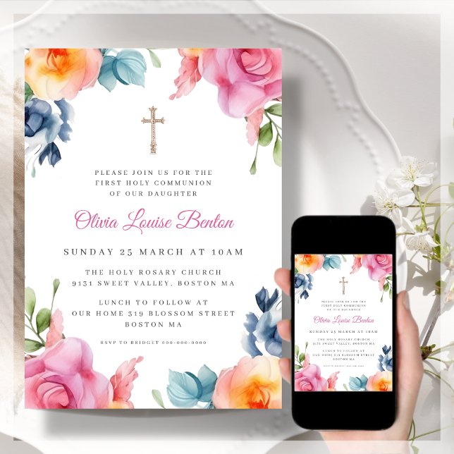 Spring Floral First Holy Communion Invitation (Creator Uploaded)