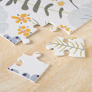 Spring Floral Flower Mix Blue Green Grey Yellow Jigsaw Puzzle