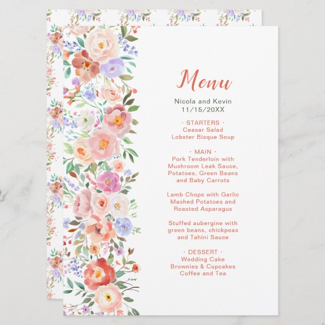 Spring Floral Flowers Wedding Menu (Front/Back)