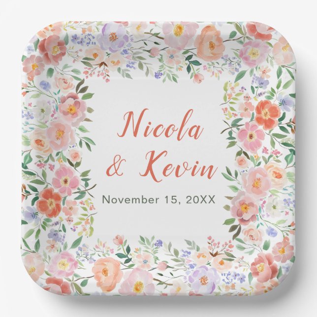 Spring Floral Flowers Wedding  Paper Plate (Front)