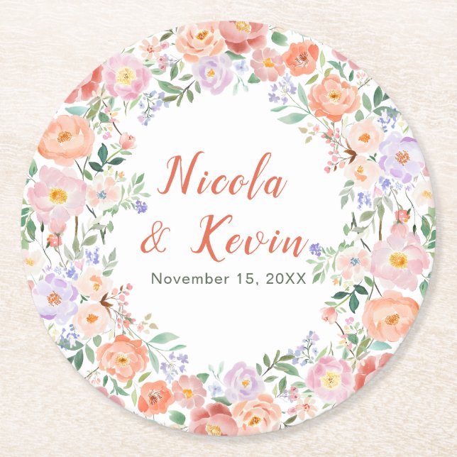 Spring Floral Flowers Wedding Round Paper Coaster (Front)
