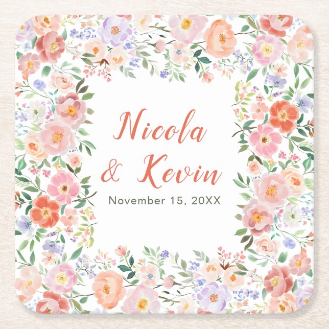 Spring Floral Flowers Wedding  Square Paper Coaster (Front)