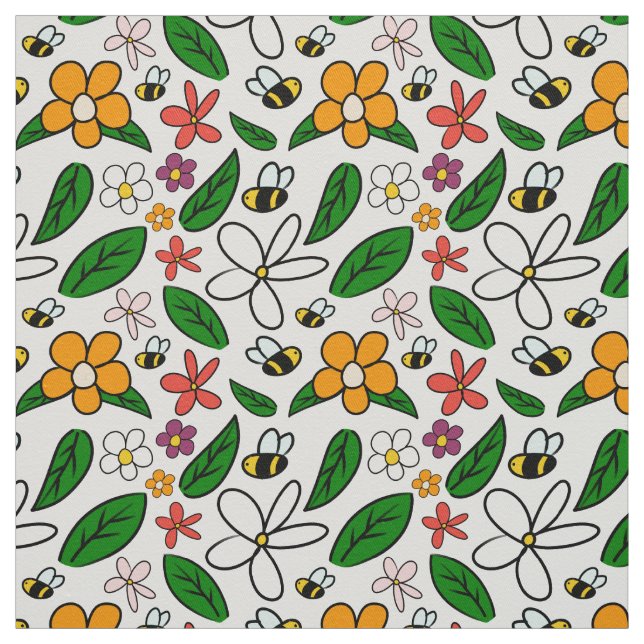 Spring floral garden whimsical doodles pattern fabric (Swatch)