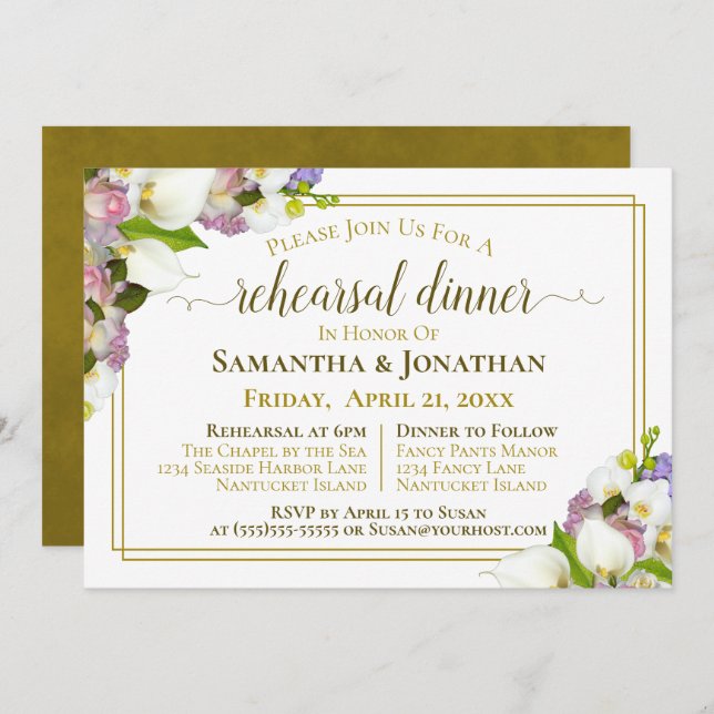 Spring Floral Gold Wedding Rehearsal & Dinner Invitation (Front/Back)