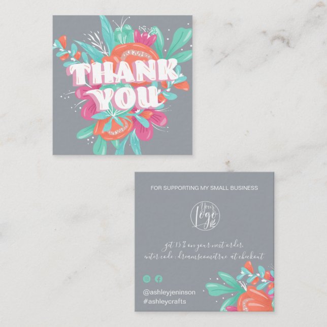 Spring floral grey retro script order thank you square business card (Front/Back)