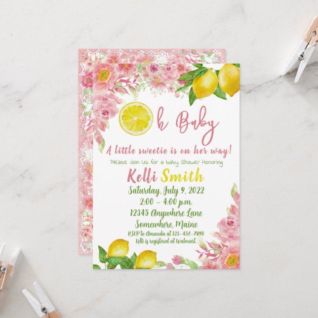 Spring Floral Lemons Pink Baby Shower Invitations (Front/Back In Situ)