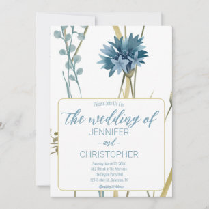 Spring Floral Light Blue Gold White Wedding Invitation