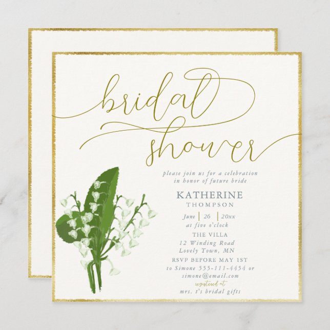 Spring Floral Lily Valley Gold Frame Bridal Shower Invitation (Front/Back)