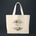 Spring Floral Modern Personalised Name | Wedding Large Tote Bag<br><div class="desc">This modern design features a spring floral in pretty coral, yellow, teal and navy blue with your personalised name with "Bride" below in navy blue typography. Personalise by editing the text in the text box provided. #wedding #weddings #bride #bridalgifts #bridalparty #bridalpartygifts #favours #gifts #floral #flowers #botanical #personalised #name #modern #chic...</div>