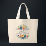 Spring Floral Modern Personalised Name | Wedding Large Tote Bag<br><div class="desc">This modern design features a spring floral in pretty coral, yellow, teal and navy blue with your personalised name with "Mother of the Groom" below in navy blue typography. Personalise by editing the text in the text box provided. #wedding #weddings #motherofthegroom #motherofthegroomgifts #bridalparty #bridalpartygifts #favours #gifts #floral #flowers #botanical #personalised...</div>