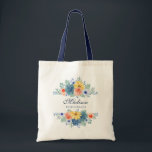 Spring Floral Modern Personalised Name | Wedding Tote Bag<br><div class="desc">This modern design features a spring floral in pretty coral, yellow, teal and navy blue with your personalised name with "Bridesmaid" below in navy blue typography. Personalise by editing the text in the text box provided. #wedding #weddings #bridesmaid #bridesmaidgifts #bridalparty #bridalpartygifts #favours #gifts #floral #flowers #botanical #personalised #name #modern #chic...</div>