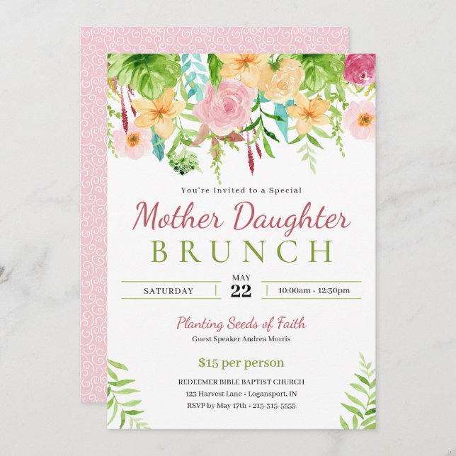 Spring Floral Mother Daughter Church Brunch Invitation (Front/Back)
